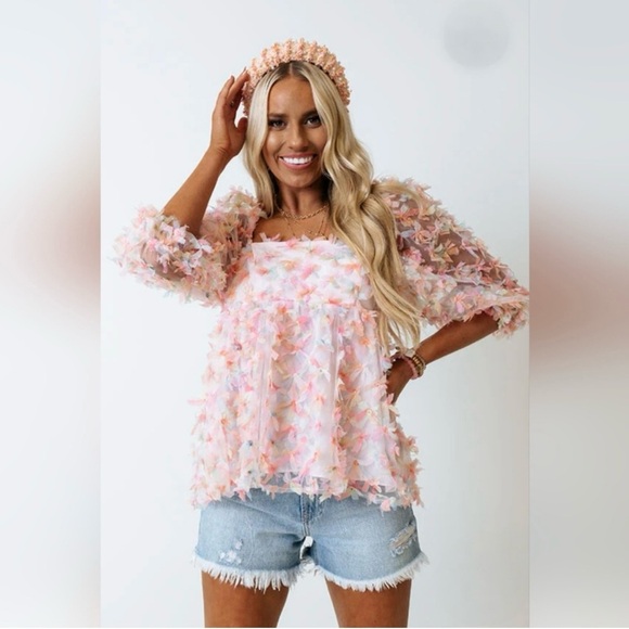 Storia 3D Butterfly Kiss Baby Doll Mesh Sheer Top Pink Rainbow Women's Size M - Picture 1 of 12